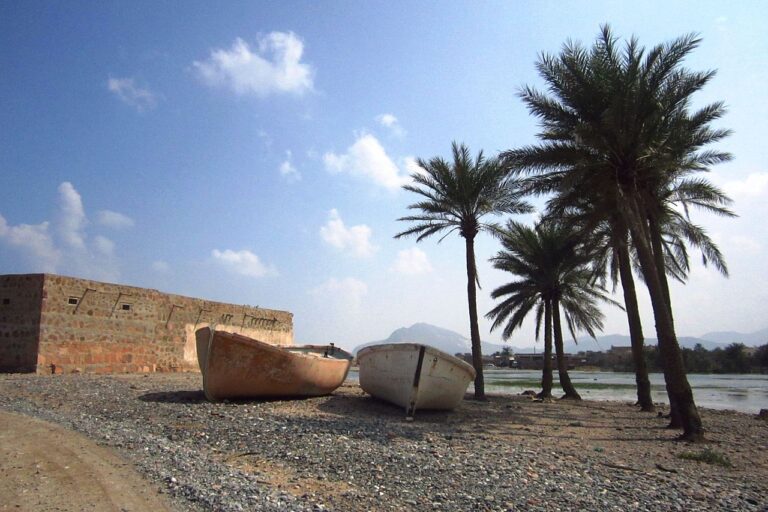 Pescadores muertos en Yemen: dos barcas pesqueras sobre la arena en una playa de la costa yemení, junto a palmeras