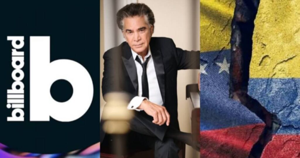 Premios Billboard homenaje: José Luis Rodríguez El Puma junto al logo de Billboard y la bandera de Venezuela agrietada por el terremoto