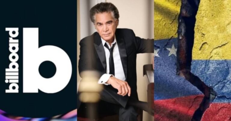 Premios Billboard homenaje: José Luis Rodríguez El Puma junto al logo de Billboard y la bandera de Venezuela agrietada por el terremoto