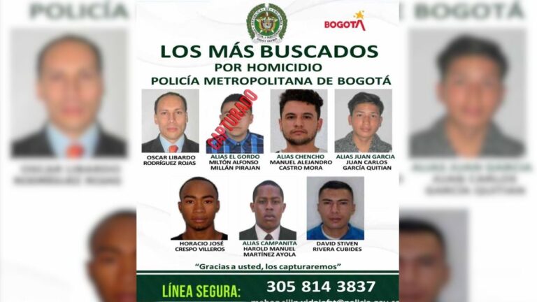 Presuntos homicidas capturados en Bogotá: cartel oficial de los más buscados por homicidio de la Policía Metropolitana, con alias El Gordo marcado como capturado