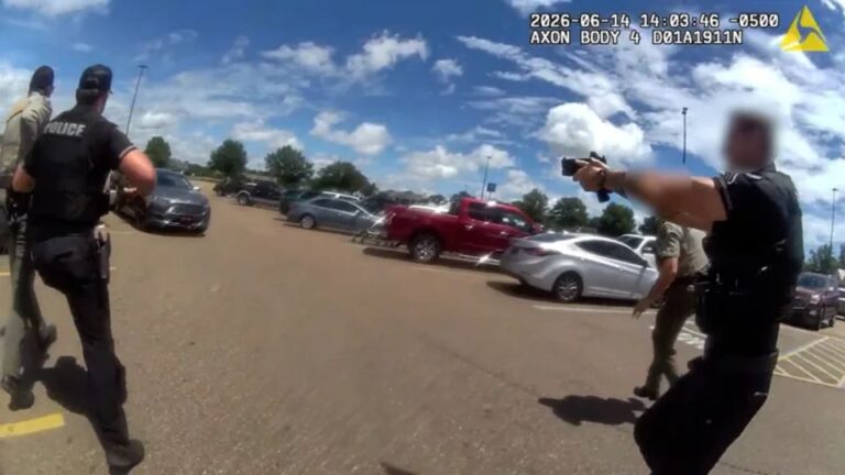 Agentes de policía con las armas desenfundadas en el estacionamiento de Walmart en Senatobia, Mississippi, en el operativo donde murió el bebé Kohen Wiley