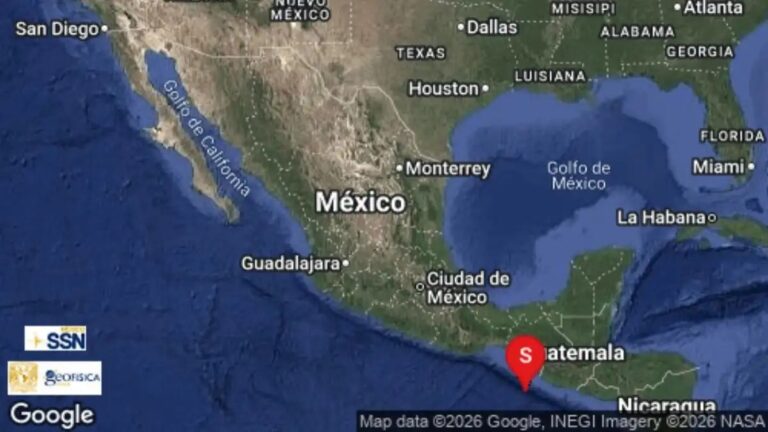 Mapa del Servicio Sismológico Nacional con el epicentro del sismo en México frente a la costa de Chiapas, al suroeste de Ciudad Hidalgo