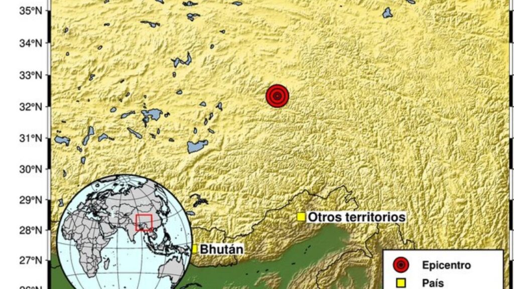 Mapa del epicentro del sismo de magnitud 7,0 en China cerca de Nagqu, en la región del Tíbet