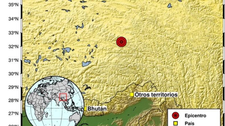 Mapa del epicentro del sismo de magnitud 7,0 en China cerca de Nagqu, en la región del Tíbet