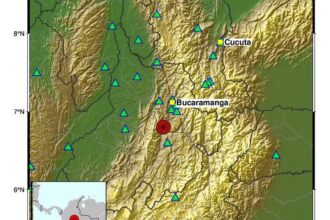 Mapa del Servicio Geológico Colombiano con el epicentro del sismo en Santander, a 6 kilómetros de Los Santos, y su profundidad de 149 kilómetros