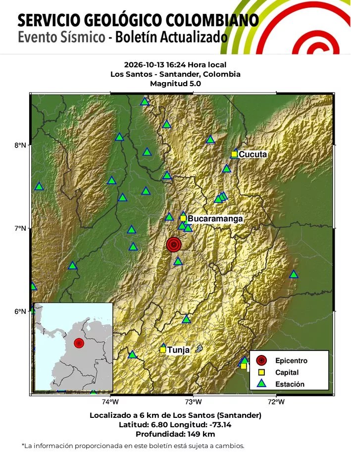 Mapa del Servicio Geológico Colombiano con el epicentro del sismo en Santander, a 6 kilómetros de Los Santos, y su profundidad de 149 kilómetros