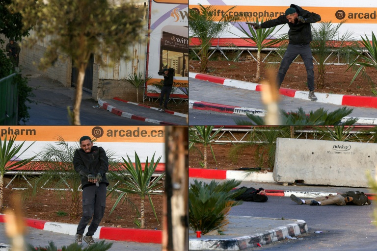 Tiroteo en Cisjordania: composición de AFP que muestra a uno de los atacantes armado y la escena en el cruce de Judea, al sur del monte Hebrón