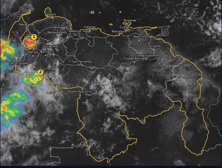 Tormentas sobre el Lago de Maracaibo: imagen del satélite GOES-19 con el núcleo tormentoso en rojo sobre el Zulia este sábado