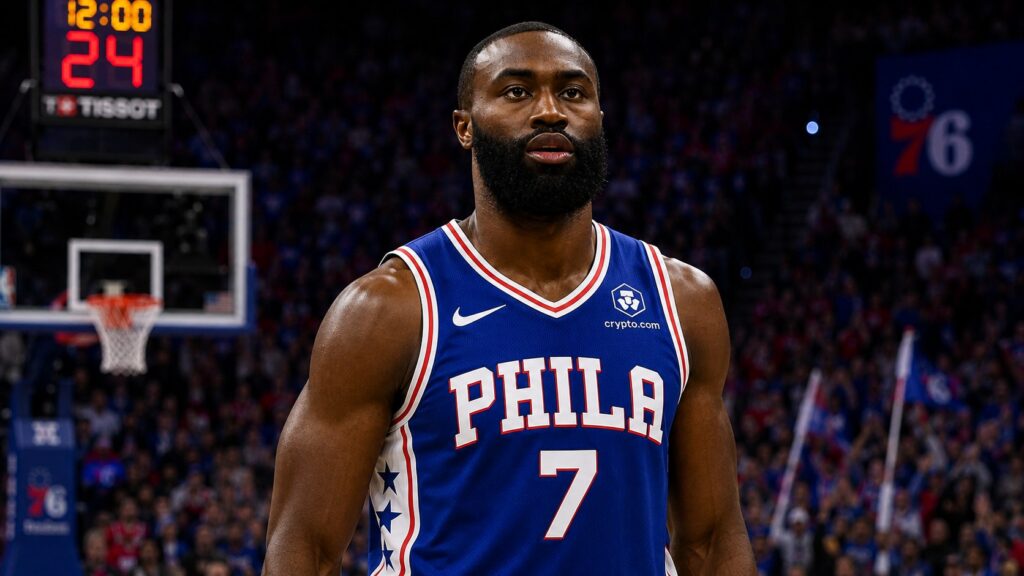 Jaylen Brown con el uniforme azul de los 76ers en la cancha, integrante del tridente de Philadelphia en la pretemporada de la NBA