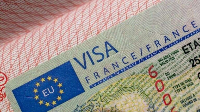 Visas de Francia Venezuela: primer plano de una visa francesa con la bandera de la Unión Europea en un pasaporte