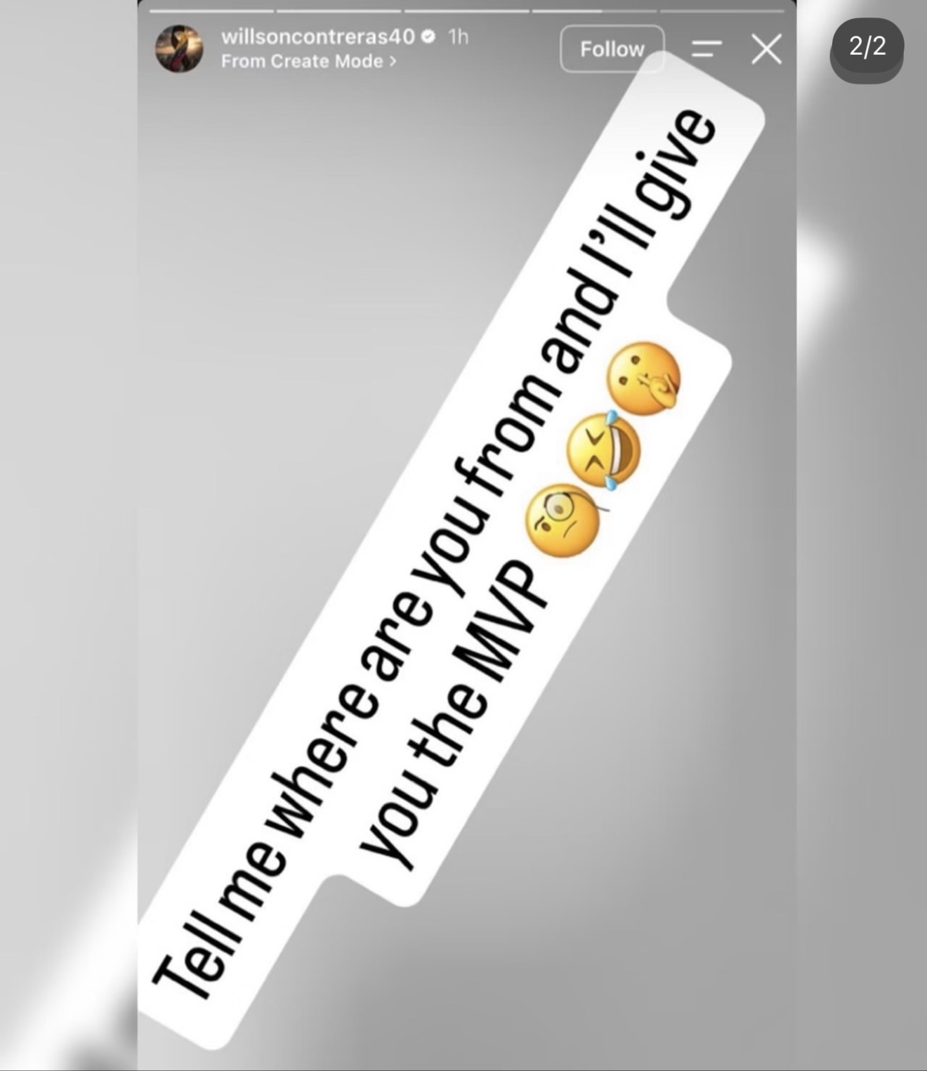 Historia de Instagram de Willson Contreras con su mensaje sobre el MVP de la Serie de Campeonato